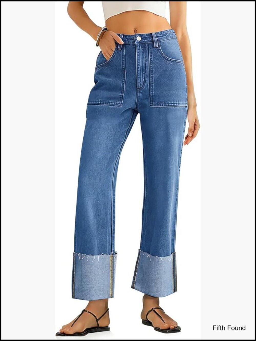 High Waisted Baggy Cuffed Wide Straight Leg Jeans Deep Pockets